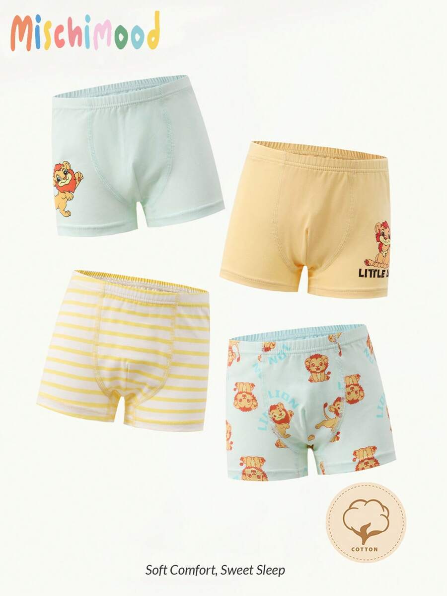 4 قطع سراويل داخلية قصيرة مريحة وناعمة للأولاد مع رسومات أسد جميلة، مصنوعة من قماش قابل للتنفس - متعدد الألوان - مشاهدة 1