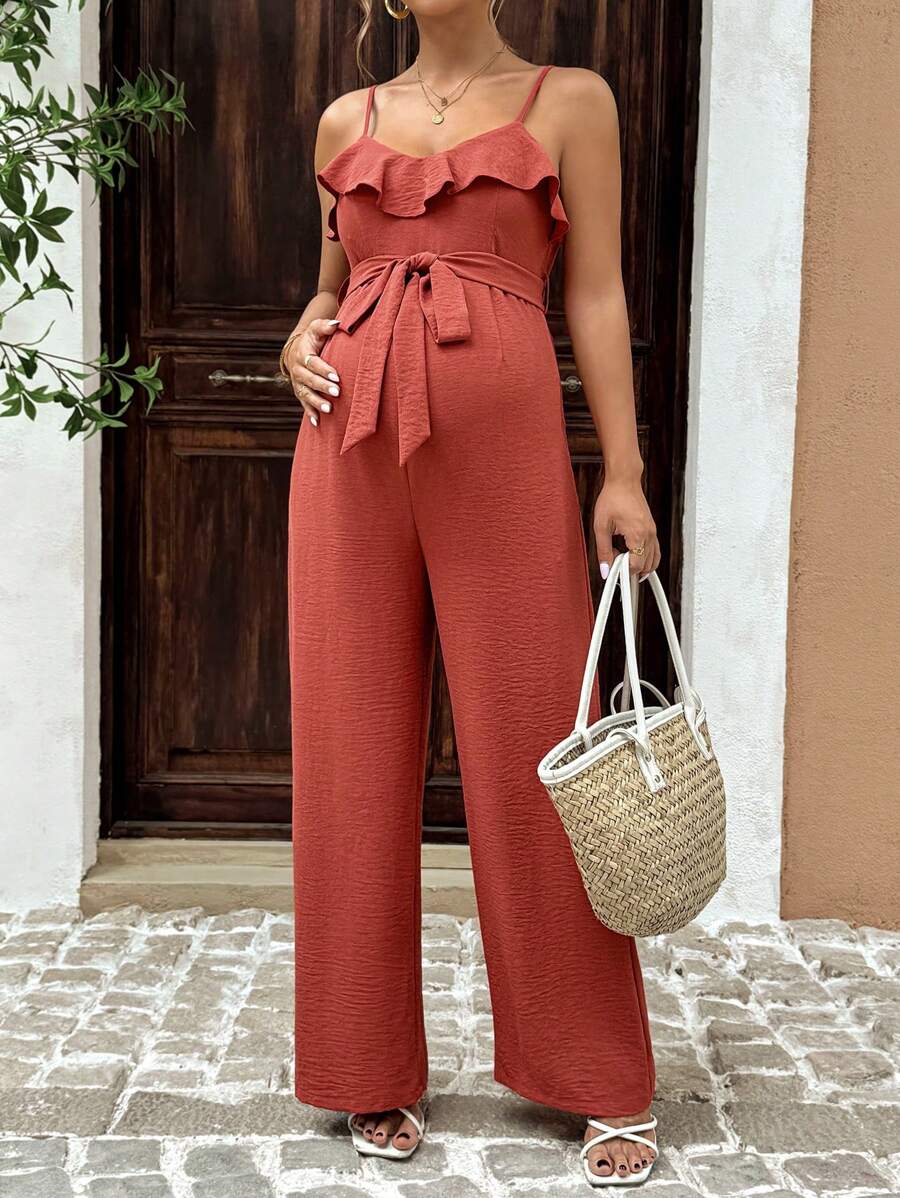 SHEIN جمبسوت حمل فضفاضة قصيرة الأربطة وذات حافة مكرمشة ذات لون سادة، قماش قطني مُنسَج بشكل عادي - الأحمر - مشاهدة 1