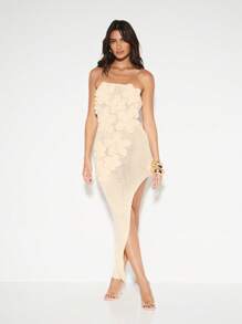 KIZN Crochet Knit Bandeau Maxi Dress Asymmetrical Slit Evening Cocktail Formal Resort Party Long Split Dress Wedding Guest Special Occasion Summer Beach Wear