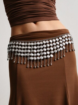 Goth 1pc Women's Silver Coin Accessory, Boho Style Tassel Chain & Coin Decor Waist Chain For Dresses, Versatile For Daily Wear