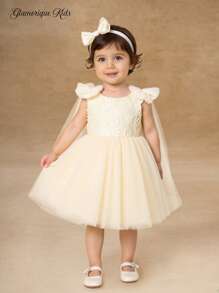 Baby Girl Lace Tulle Vacation Dress, Flower Girl Wedding Party Puff, Champagne Color, Bowknot Decor Fall Winter - Champagne - View 2
