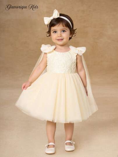 Váy ren vải tuyn cho bé gái đi nghỉ, váy bồng dự tiệc cưới cho bé gái, màu sâm panh, trang trí nơ