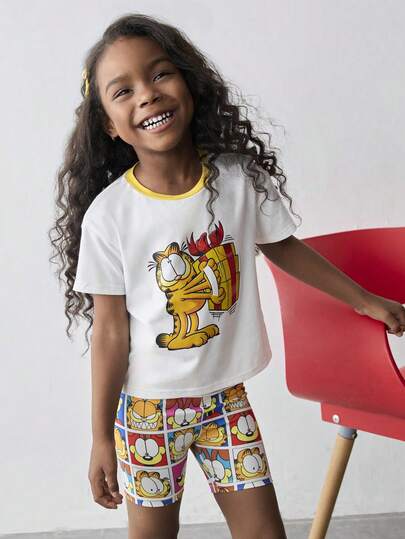 Maija Kids GARFIELD | SHEIN Maija Kids 2pcs/Set Young Girl Summer Crew Neck Funny Cartoon Pattern Contrast Trim Tee And Bike Shorts Short Sets For Kids Summer Clothes Kids Sets 2 Piece Kids Short Set Kids Summer Pajama