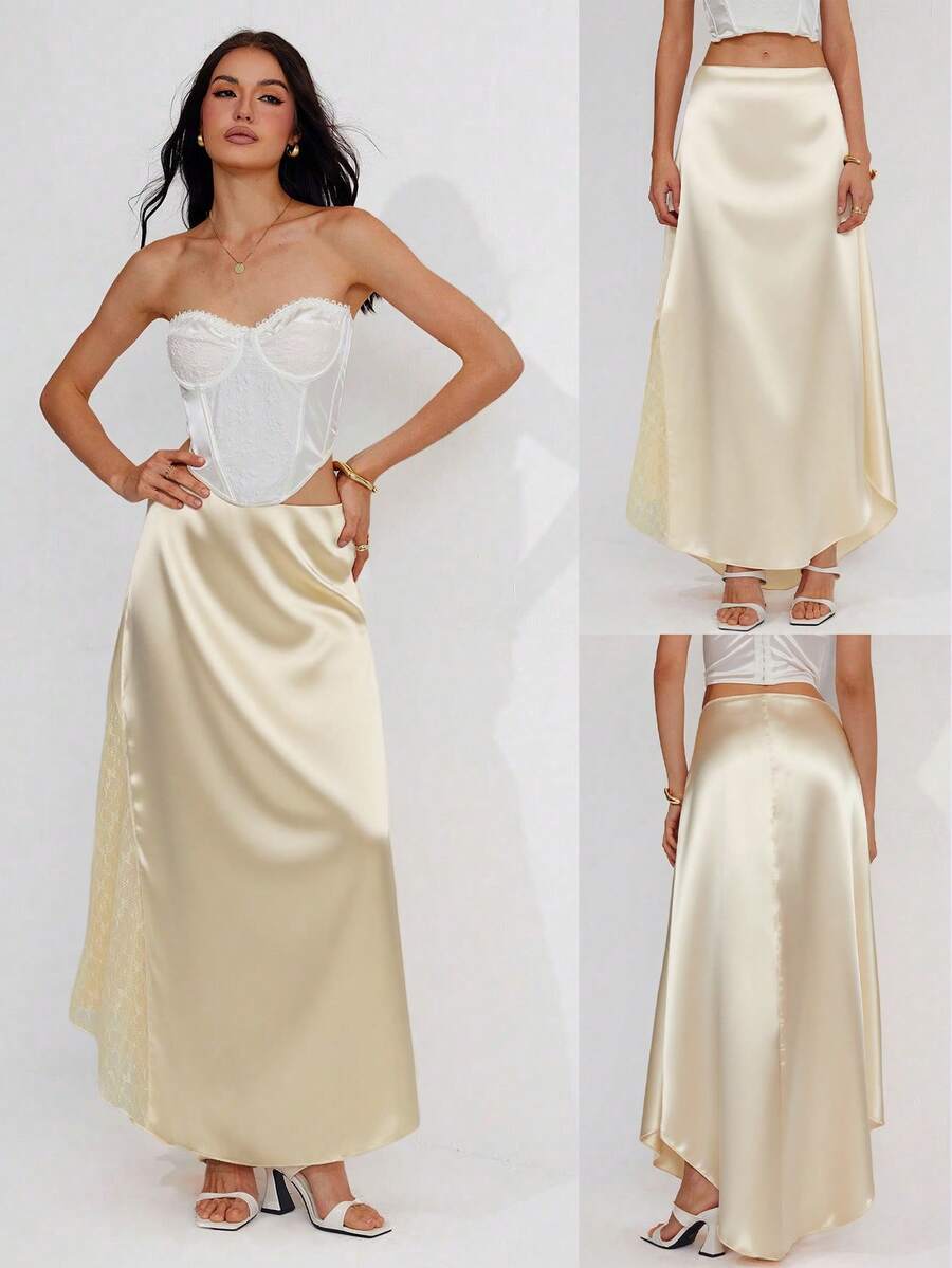 Roylia Women's Spring/Summer Fashion Satin & Contrast Lace Versatile All-Match Skirt - Champagne - View 1
