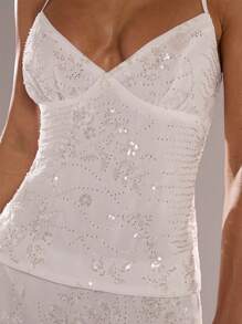 SHEIN BAE 纯色提花吊带无袖女式上衣，度假上衣，提花上衣 - 白色 - 查看 7