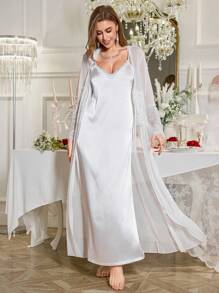 SHEIN Luxury 3D Lace Trim Robe And Nightgown Set, White Robe Wedding Pajamas For Woman, Bride Robe Set - White - View 3
