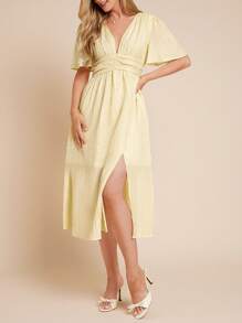 Amorya 女士新款时尚优雅V领收腰开衩连衣裙，修身，中长款，高端淡黄色，夏季休闲/度假装 - 黃色 - 查看 5