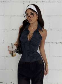 StreetHx Áo sơ mi nữ sọc nâu hở lưng không tay phong cách đường phố - Màu xanh hải quân - Xem 5