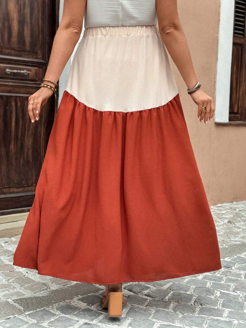 Plus Size Casual Contrast Color Elastic Waist Loose Long Skirt,Women's Modest Two Tone Skirt,Beige Autumn Boho Vacation Holiday Clothes