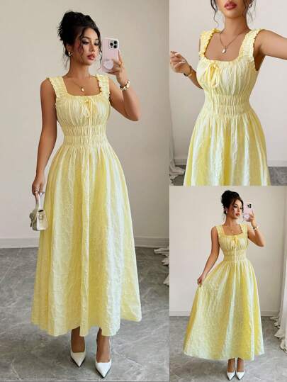 Elenzga New Woven Texture Floral Fabric Dress For Women, Spaghetti Strap Bowknot Design Waist Gathering A-Line Fashionable Versatile Elegant Refined