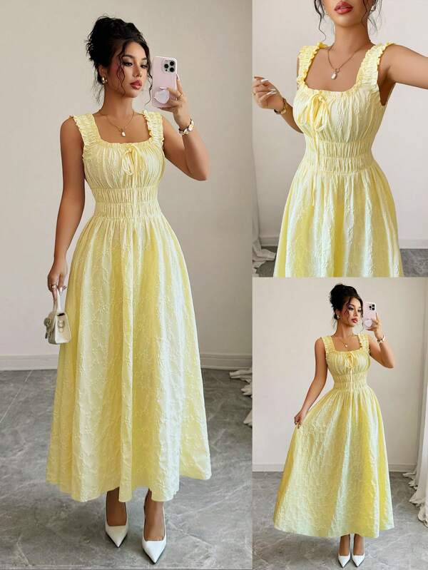 Elenzga Neues Damenkleid mit gewebter Textur und Blumenmuster, mit Trägerriemen, Schleifendesign und taillierter Raffung, A-Linie, modisch, vielseitig, elegant, raffiniert