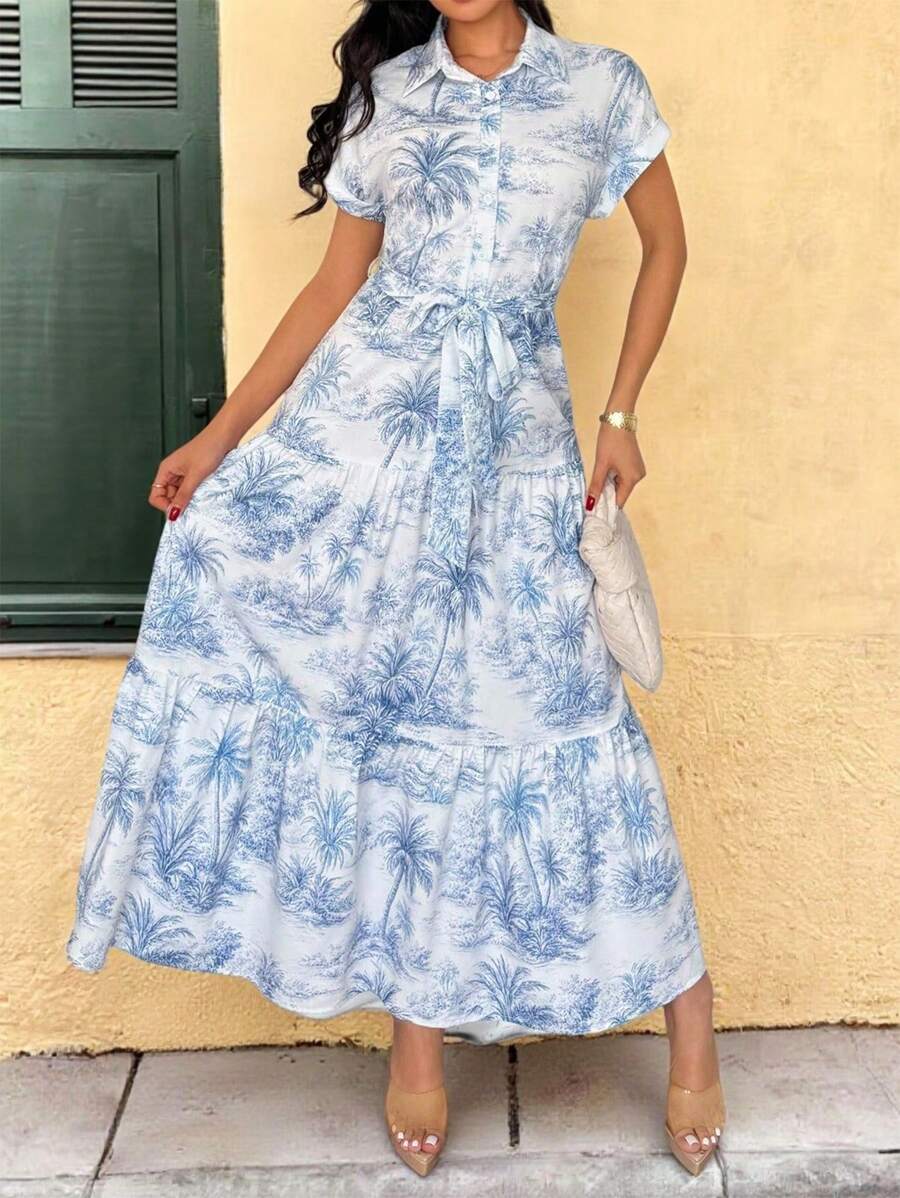 Breezaya 女式白色底蓝色花卉印花系带荷叶边下摆短袖长裙 - 藍色 - 查看 1