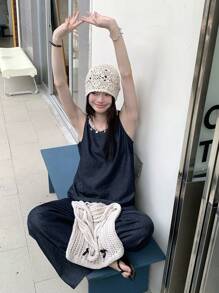 DAZY Women's Summer Bohemian Sequined Patchwork Sleeveless Top And Loose Casual Wide Leg Pants 2 Pieces Suit, Vacation Style