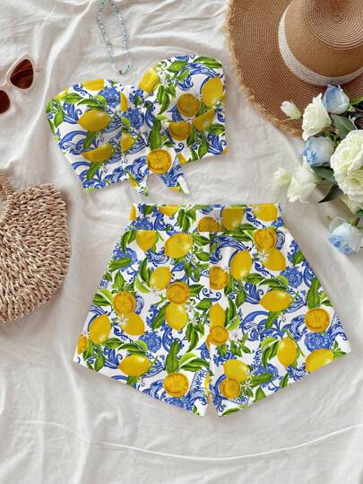 Soleia 女士复古蓝白花卉和柠檬印花短款上衣和短裤两件套，适合假日、约会、下午茶、派对、音乐节、波西米亚风度假休闲穿着