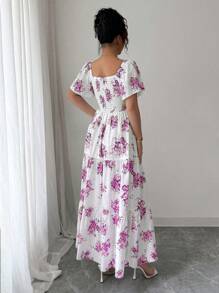 Elenzga 全新春夏法式优雅紫色碎花褶皱泡泡袖飘逸裙连衣裙