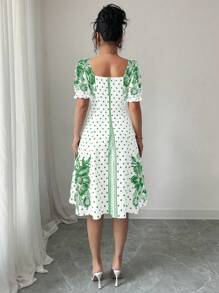 Elenzga Puff Sleeve Floral Print A-Line Elegant Dress - Green - View 2