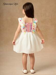 Glamorique Kids Đầm tay lửng in tua rua dễ thương cho bé gái đi nghỉ mát thoải mái - trắng - Xem 2