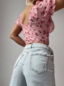 1 件女士花卉印花甜心领短款泡泡袖性感吊带背心 - 粉色 - 查看 7