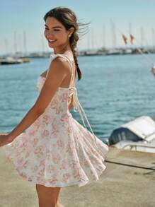 Enchnt 女式夏季优雅花卉蕾丝细肩带迷你连衣裙 - 杏色 - 查看 6