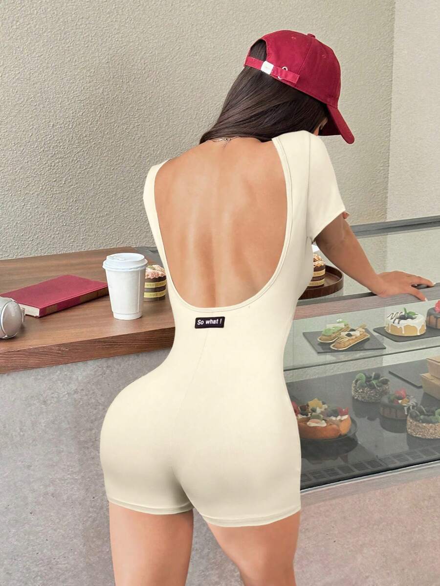 SHEIN EZwear 女士方领短袖性感露背紧身连衣裤 - 杏色 - 查看 1