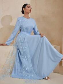 Graceveil Đầm nữ dệt bóng, thêu họa tiết, thiết kế eo. - Màu xanh lam - Xem 5