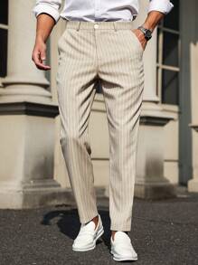 Calvornis 男士直筒宽松休闲西装裤，带口袋，条纹设计，男士裤子，男士西装裤 - 杏色 - 查看 4