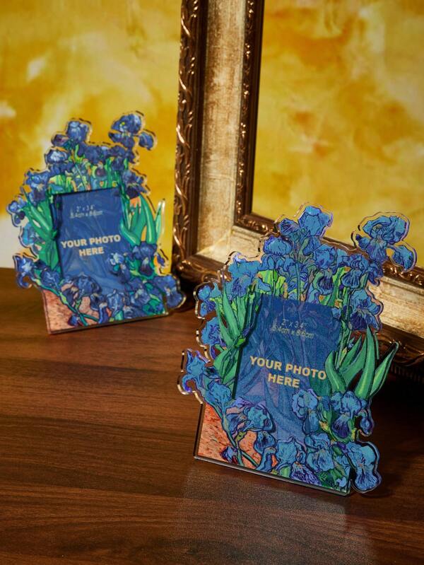 SHEIN Touch of Art IRISES Printed Acrylic Photo Frame, Suitable For 2 * 3.4in Photos, Postcards, Desktop Decorations,Vincent Van Gogh