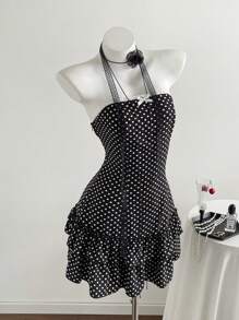 SHEIN Unity Women's Polka Dot Print Fitted Ruffle Hem Mini Dress, Holiday Resort Style - Black - View 6