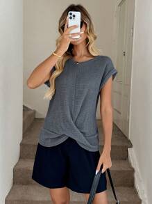 Easowa Solid Batwing Sleeve Twist Hem Waffle Knit Tee - Dusty Blue - View 4