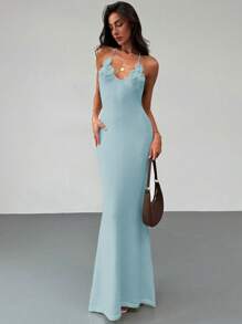 Aloruh Romantic Date Vacation Backless Wrap Tie Tight Knitted Floral Pattern Ladies Dress - Baby Blue - View 3