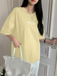 DAZY Women Slogan Print Casual Loose Fit Round Neck Drop Shoulder Short Sleeve T-Shirt, For Summer - Yellow - View 4