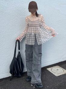 FRIFUL 女士格子网眼拼接宽松褶皱下摆衬衫，适合春夏季 - 卡其色 - 查看 6