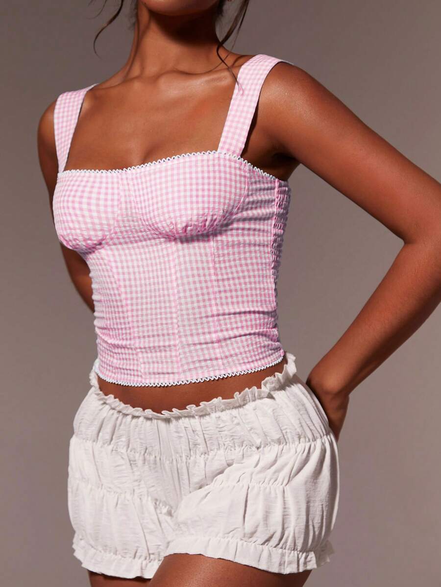Athîral Women's Summer Plaid Square Neck Ruched Fitted Cami Top,Back To School,Cute Top - Baby Pink - View 1