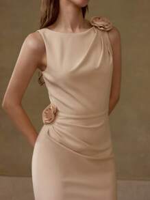 MOTF PREMIUM Elegantes Maxi-Kleid mit stereoförmiger Blume und Schlitz für den täglichen Gebrauch