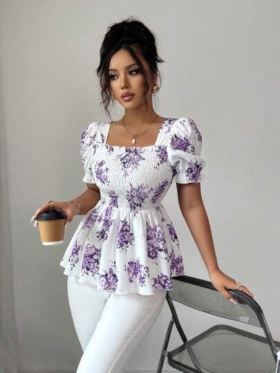Elenzga New Spring/Summer French Style Lavender Floral Print Gathered Waist Elegant High-Quality Frill Square Neck Puff Sleeve A-Line Women's Retro Short Sleeve Blouse