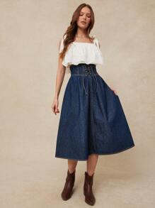 WESTFADE 西部系带低腰修身喇叭棉混纺牛仔中长裙夏季海滩度假 - 深色水洗藍 - 查看 5
