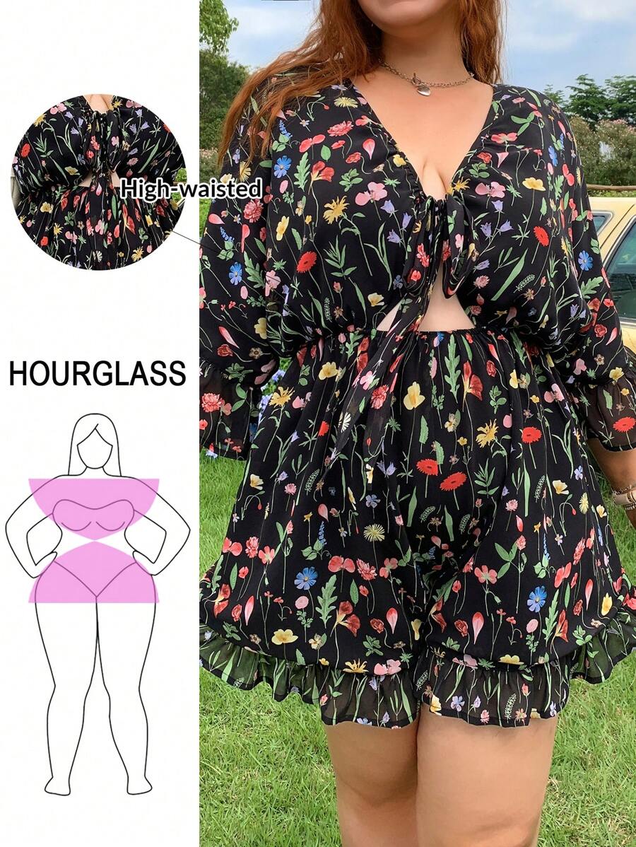 SHEIN EZwear 加大码轻盈花卉连体裤,适合夏季度假和休闲穿着 - 黑色 - 查看 1