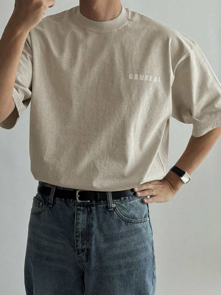 Men's Letter Print Beige Round Neck Drop Shoulder Short Sleeve Casual T-Shirt, Summer