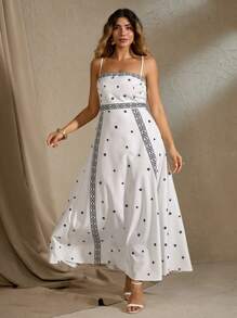 Roveilla Plus Size Modna Wakacyjna Vintage Wzór Nadruk Taliowana Sukienka Maxi Spaghetti Ramiączka - Wielokolorowe - Zobacz 6