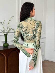 EastFlair Women Floral Flocked Mesh Long Sleeve Button Design Fashion Top