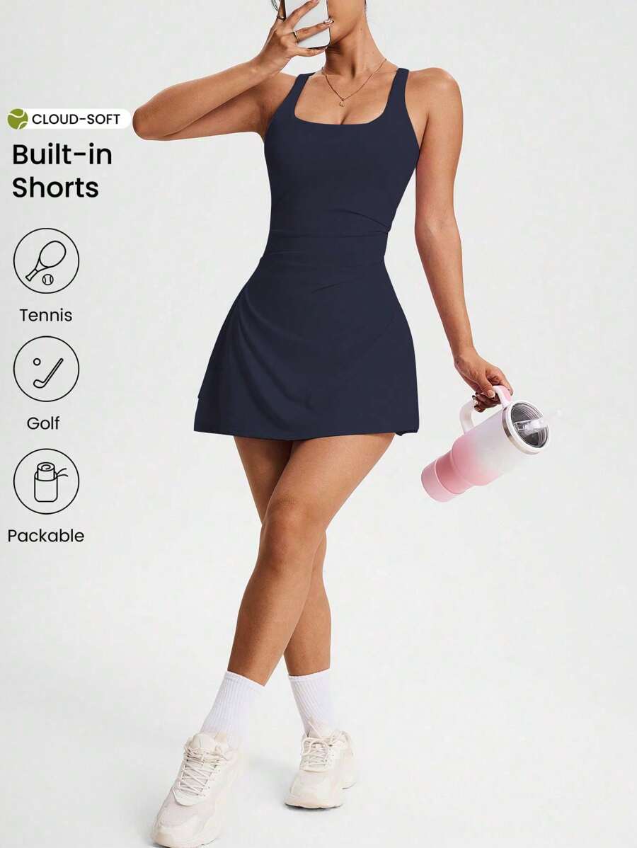 CourtClass 女式纯色无袖露背运动连衣裙