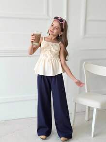 SHEIN 2 件套春夏青少年女孩休闲甜美可爱纹理褶皱宽松背心和阔腿裤套装，适合日常通勤、度假、休闲装 - 杏色 - 查看 9