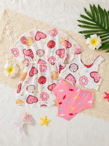 3 件套女婴可爱印花系带前短袖开衫背心和短裤套装，夏季 - 粉色 - 查看 2