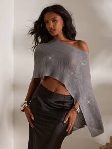 Opulessa Top poncho sexy multiusos sin espalda brillante para mujeres, ideal para vacaciones de verano en la playa, graduación, fiestas de cumpleaños, maestras, clubes nocturnos y aeropuertos - Gris - Ver 9