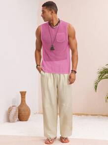 Manfinity VCAY 男士针织休闲宽松纯色无袖背心，日常男士背心，夏季男士背心，节日男士无袖上衣，男士渔网背心，男士网眼背心，男士无袖上衣，男士渔网背心，男士夏季背心，2000 年代风格 - 粉色 - 查看 3