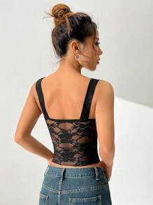 SHEIN EZwear Top de tirantes de encaje vintage negro en talla grande, para el verano