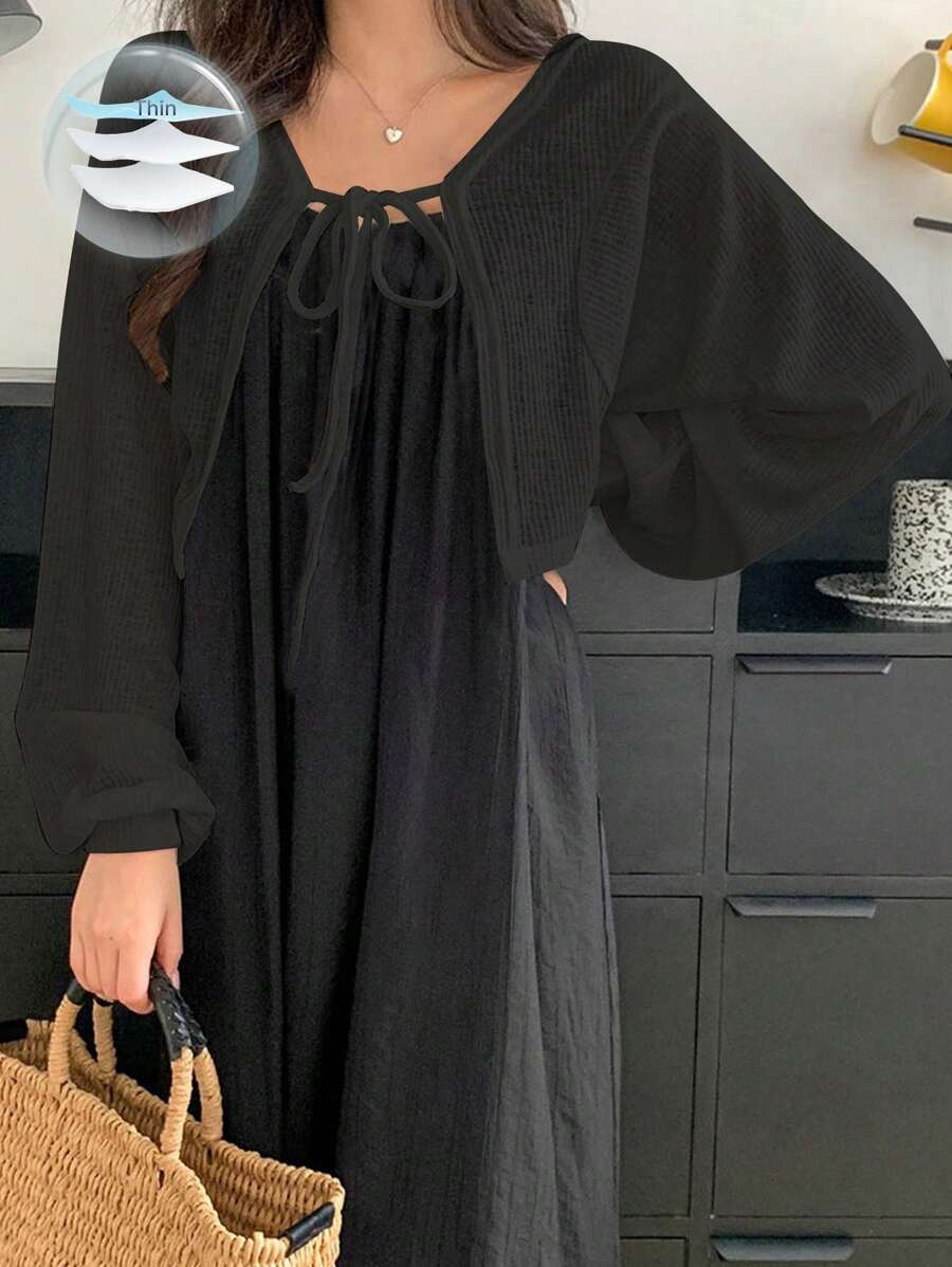 DAZY 女士前开领带纯色开衫外套 T 恤夏季长袖女上衣 - 黑色 - 查看 1