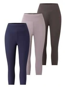 SHEIN LUNE Plus Size Women Casual Elastic Fitted High Waist 7/8 Leggings With Pockets, Suitable For Sports & Fitness