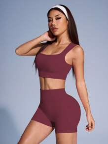 Easithlete Women Solid Color Ribbed Sports Bra And Shorts Set Workout Women Sets - Burgundy - View 3