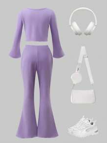Set de 2 piezas de ropa informal y cómoda de niña con cuello redondo, manga larga, en seda de leche de unicolor - Morado - Ver 2